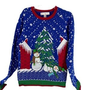 Jolly Sweaters Light Up Christmas Sweater Mens Medium Blue Snowman LED Sequin